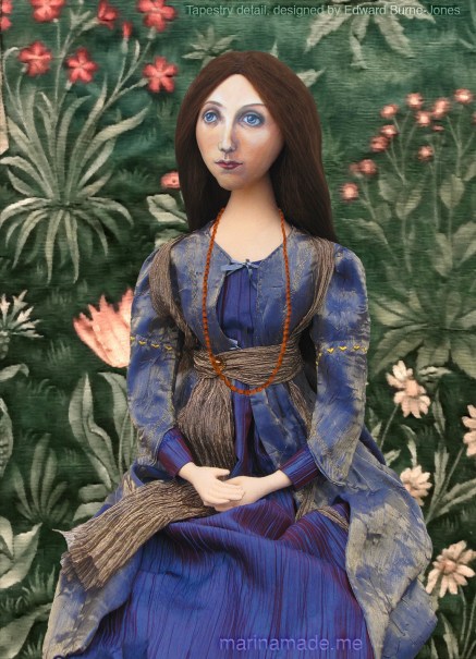 Georgiana muse as a young woman wearing her favourite coral necklace, set in a detail of the tapestry 'The Quest for the Holy Grail'. Georgiana Burne-Jones muse designed, sculpted, modelled and painted by Marina ElphickGeorgiana Burne-Jones muse designed, sculpted, modelled and painted by Marina Elphick. Marina's muses at marinamade.me