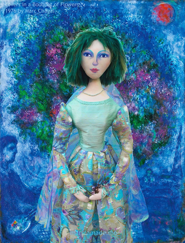 Bella muse in 'Lovers in a Bouquet of Flowers', Marc Chagall 1976.Bella muse, Chagall's eternal love and inspiration, made by Marina Elphick in soft sculpted form, as one of Marina's muses. Bella Rosenfeld, Bella Chagall.