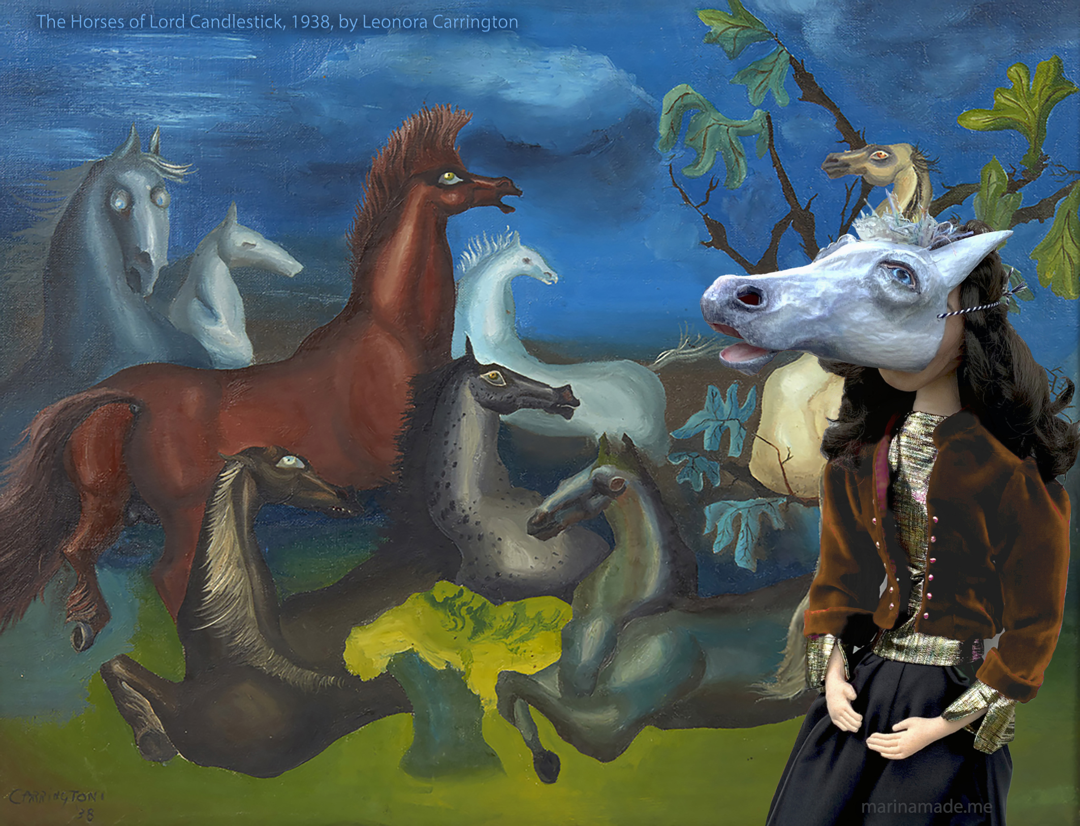 A surreal depiction of a muse with horses, blending creativity and mysticism