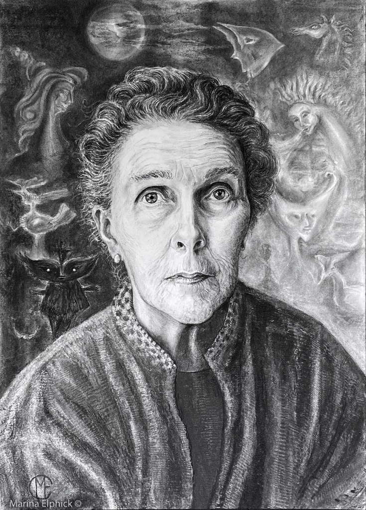 Portrait of Leonora Carrington, charcoal drawing.